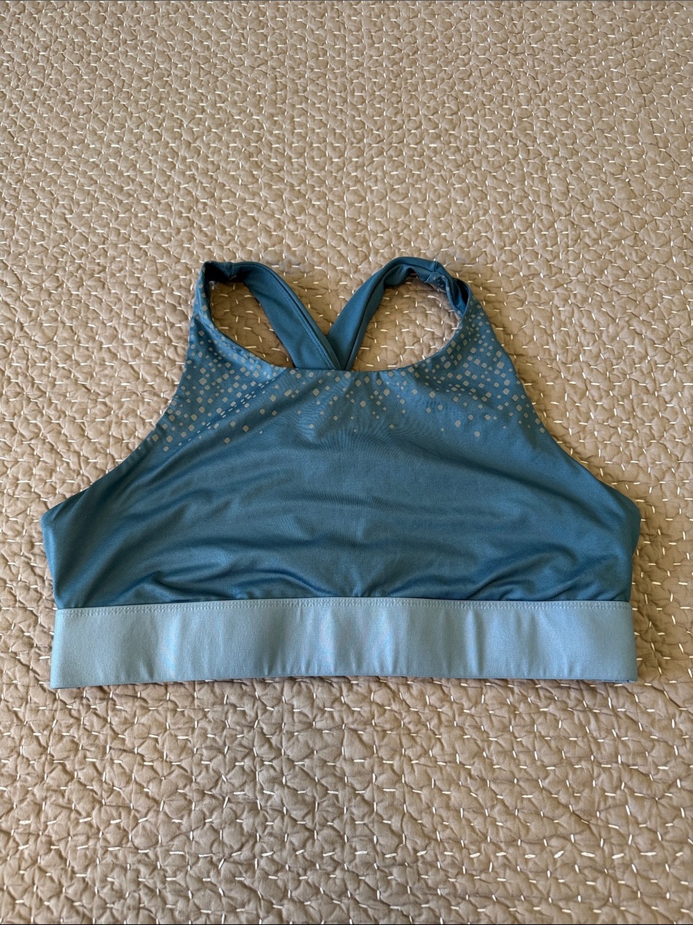 Fabletics Teal High-Neck Sports Bra with Light-Blue Band
